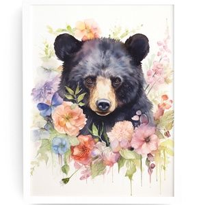Watercolor Floral Black Bear Portrait Wall Art Illustration Print Unframed